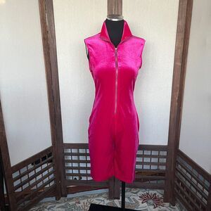 Hot Pink Velvet Shortpants Zip-up Sleeveless Romper Bodysuit